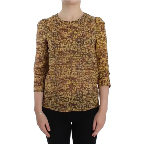 Multicolor Mosaikdruck Seidenbluse T-Shirt , Damen, Größe: 2XS - Dolce & Gabbana - Modalova