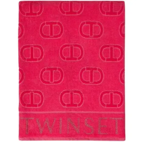 Jacquard Cotton Terry Beach Towel with Oval T Logo , female, Sizes: ONE SIZE - Twinset - Modalova