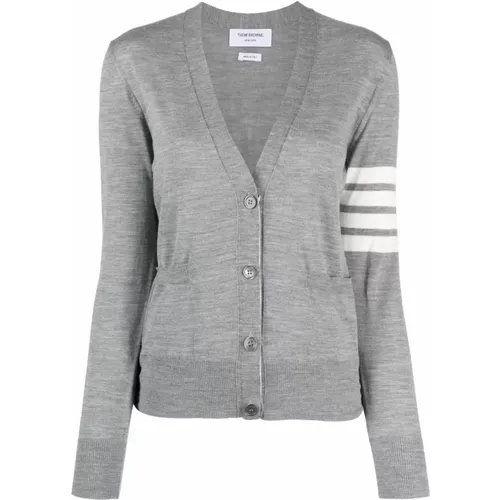 Cardigans, female, , Size: 2XS Grey Wool Cardigan with 4-Bar Intarsia - Thom Browne - Modalova