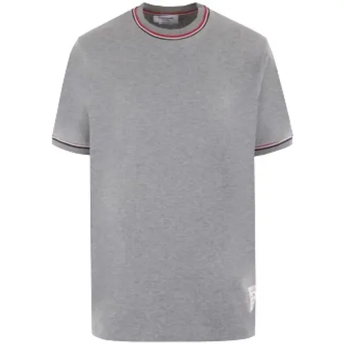 Graues Baumwoll-Jersey T-Shirt mit Logo und Tricolor Streifen , Herren, Größe: M - Thom Browne - Modalova