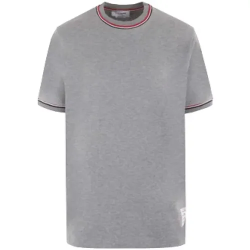 Graues Baumwoll-Jersey T-Shirt mit Logo und Tricolor Streifen , Herren, Größe: XL - Thom Browne - Modalova