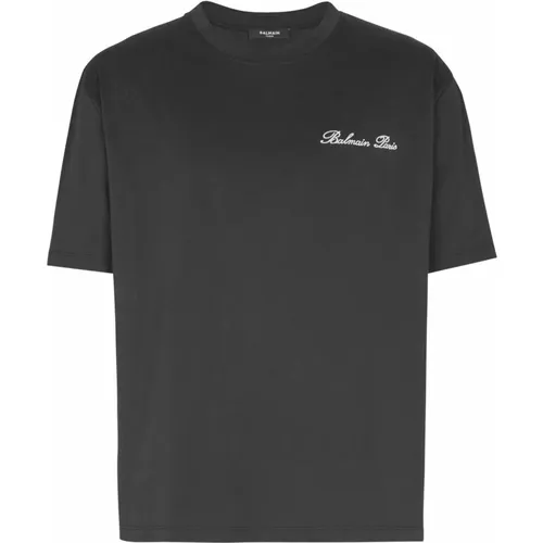 T-Shirts, male, , Size: L Embroidered Signature T-shirt - Balmain - Modalova
