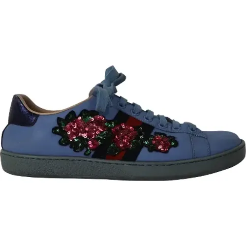 Blaue Ledersneaker mit Blumen Pailletten - Gucci Vintage - Modalova