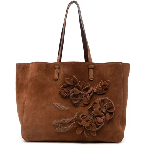 Suede Shopping Bag with Flower Appliqués , female, Sizes: ONE SIZE - Ermanno Scervino - Modalova