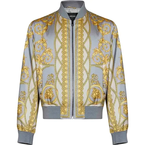 Bomber Jackets, male, , Size: L Grey Bomber Jacket with All-Over Print - Versace - Modalova