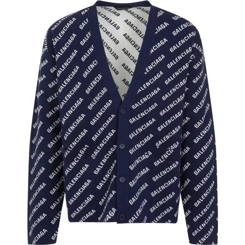 Blue Cardigan Sweater All-Over Logo Pattern , male, Sizes: M, L - Balenciaga - Modalova
