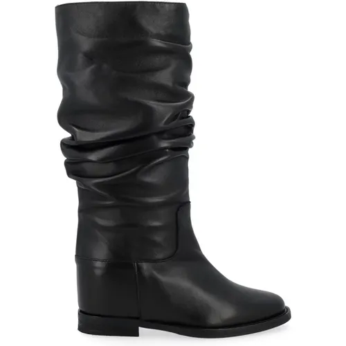 Schwarzer Gefalteter Stiefel , Damen, Größe: 39 1/2 EU - Via Roma 15 - Modalova