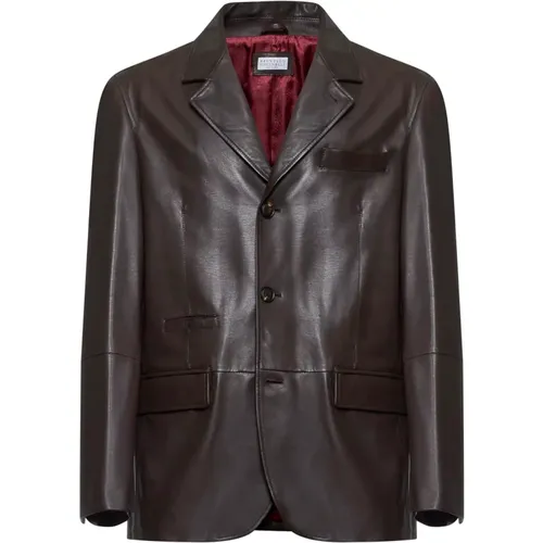 Blazers, male, , Size: M Dark Leather Single-Breasted Jacket - BRUNELLO CUCINELLI - Modalova