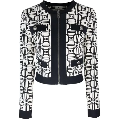 Logo Jacquard Cropped Cardigan Schwarz , Damen, Größe: M - Elisabetta Franchi - Modalova