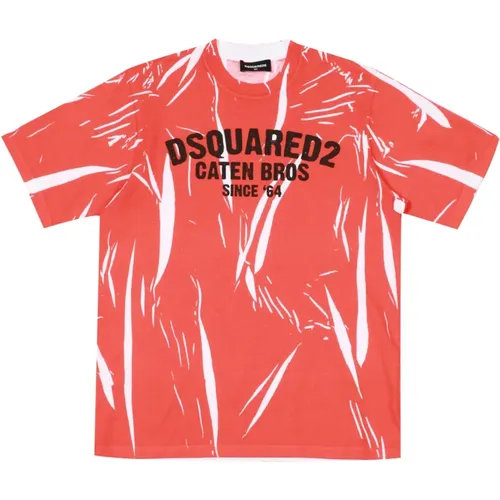 Kinder Rotes Baumwoll-T-Shirt mit gemustertem Rundhalsausschnitt - Dsquared2 - Modalova