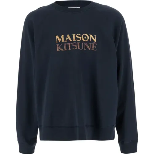 Besticktes Logo Baumwoll-Sweatshirt Navy , Herren, Größe: L - Maison Kitsuné - Modalova