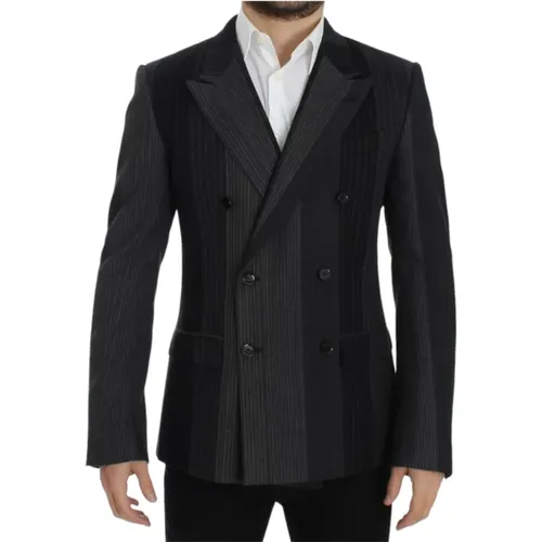 Blazers, male, , Size: M Elegant Gray Striped Wool Slim Blazer - Dolce & Gabbana - Modalova