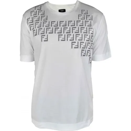 Weiße Baumwoll-T-Shirt mit Vichy-Stoffapplikationen - Fendi - Modalova