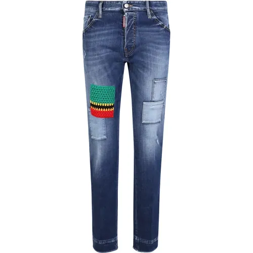 Blaue Slim-Fit Jeans mit Häkeldetail , Herren, Größe: S - Dsquared2 - Modalova