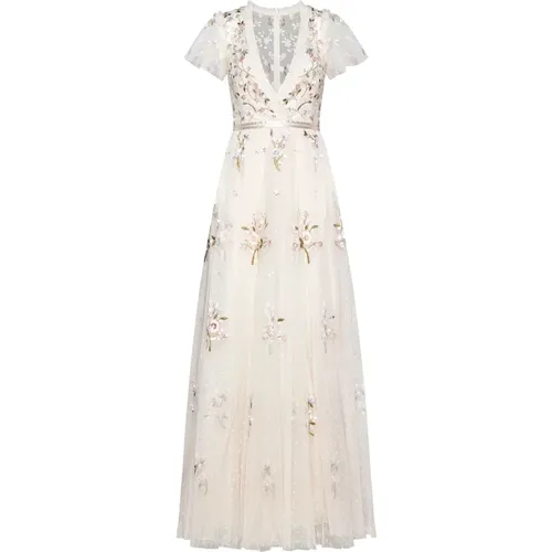 Blumen Besticktes Weißes Kleid , Damen, Größe: 2XS - Needle & Thread - Modalova