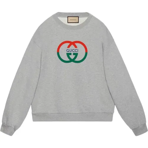 Grauer Pullover mit Logo-Print,Logo Baumwoll-Sweatshirt - Gucci - Modalova