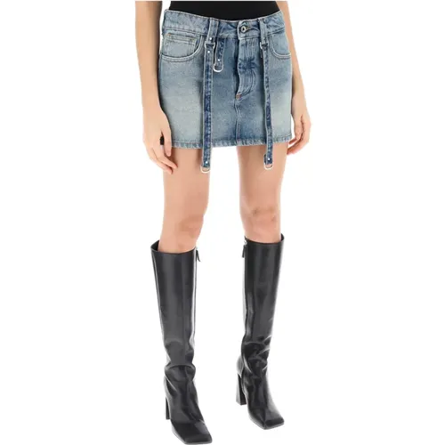 Denim mini skirt with buckled straps , female, Sizes: XS, S - Off White - Modalova