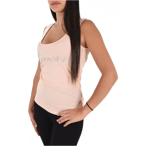 Geripptes Tanktop mit Strass , Damen, Größe: XS - Guess - Modalova