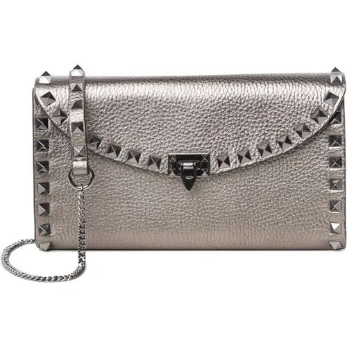 Wallets & Cardholders, female, , Size: ONE SIZE Studded Leather Chain Wallet Silver - Valentino Garavani - Modalova