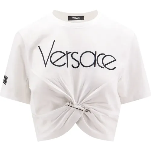 Weißes Crew-neck T-Shirt mit Sicherheitsnadel - Versace - Modalova