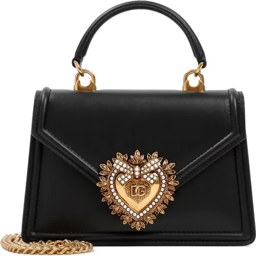 Leather Shoulder Bag with Bejeweled Heart Fastening , female, Sizes: ONE SIZE - Dolce & Gabbana - Modalova