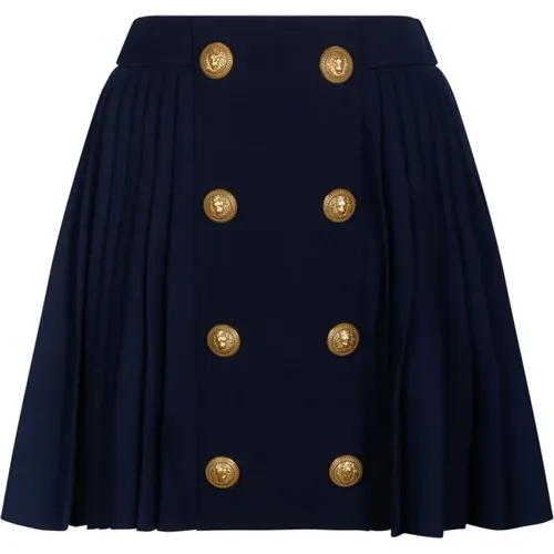 Navy Wool Plissierter Minirock,Pleated skirt with two rows of buttons - Balmain - Modalova