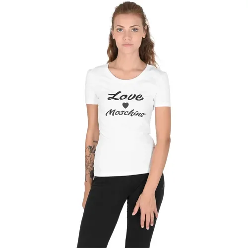 Weißes Baumwoll-Spandex-T-Shirt , Damen, Größe: 2XS - Love Moschino - Modalova