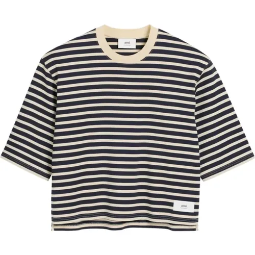 T-Shirts, female, , Size: XS Black Striped Natural T-shirt - Ami Paris - Modalova