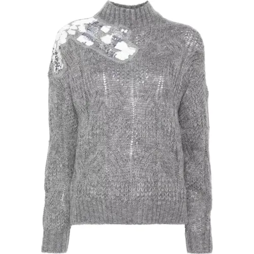 Turtlenecks, female, , Size: M Grey Cable Knit Sweater Sequin Embellished - Liu Jo - Modalova