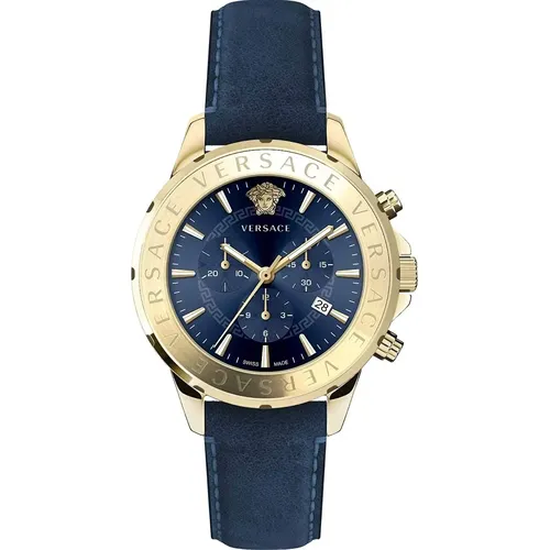 Watches, male, , Size: ONE SIZE Chrono Signature Blue Leather Gold Steel Watch - Versace - Modalova