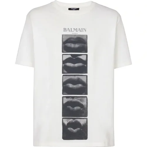 T-Shirts, male, , Size: S T-shirt with vintage Balain Lips print - Balmain - Modalova