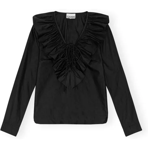Schwarze Baumwoll Popeline Rüschen V-Ausschnitt Bluse , Damen, Größe: M - Ganni - Modalova