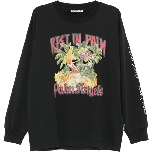 Long Sleeve Tops, male, , Size: L Skull Print Crew Neck Tee - Palm Angels - Modalova