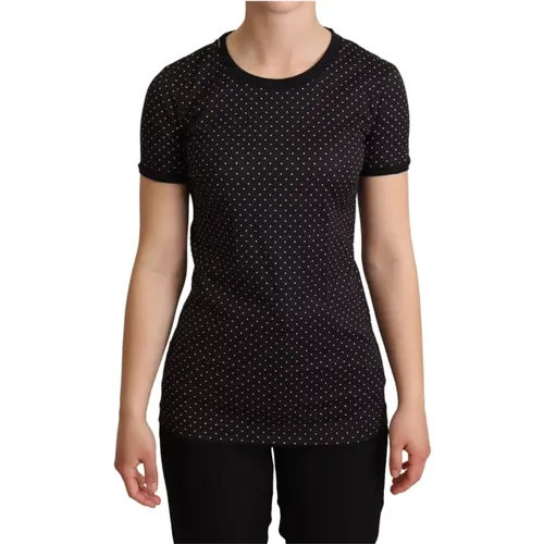 Schwarzes gepunktetes Crewneck Baumwoll-T-Shirt , Damen, Größe: 2XS - Dolce & Gabbana - Modalova
