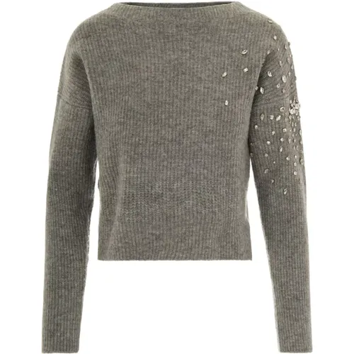 Round-neck Knitwear, female, , Size: L Crystal Embellished Grey Knit Sweater - Liu Jo - Modalova