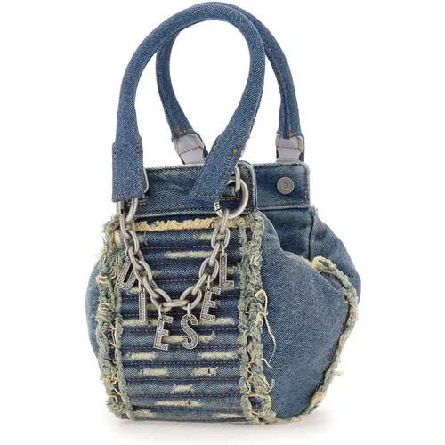 Handbags, female, , Size: ONE SIZE Distressed Denim Handbag with Fringed Details - Diesel - Modalova