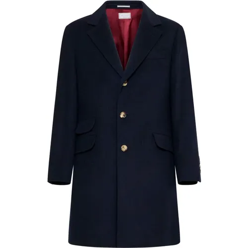 Single-Breasted Coats, male, , Size: M Navy Cashmere Coat - BRUNELLO CUCINELLI - Modalova
