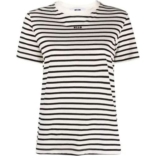 Logo-embroidered /white striped T-shirt , female, Sizes: L - Msgm - Modalova