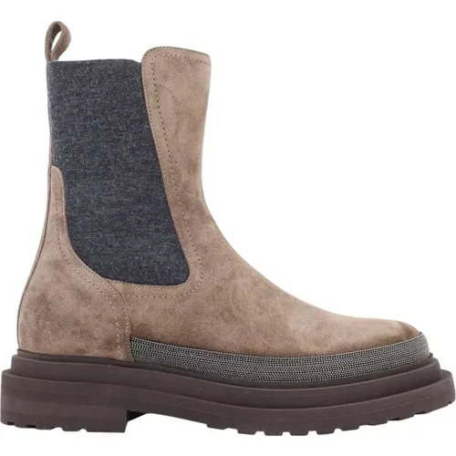 Braune Wildleder Stiefeletten mit Stretch,Wildleder Chelsea Boots mit kostbarem Detail,Damen Stiefeletten - BRUNELLO CUCINELLI - Modalova