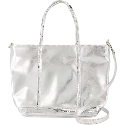 Silberne Leder Shopper Tasche mit Glitzergriffen - Vanessa Bruno - Modalova