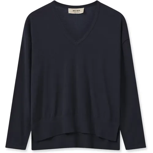 V-Neck Knit Sweater in Navy , female, Sizes: S, XL, XS, L, M - MOS MOSH - Modalova