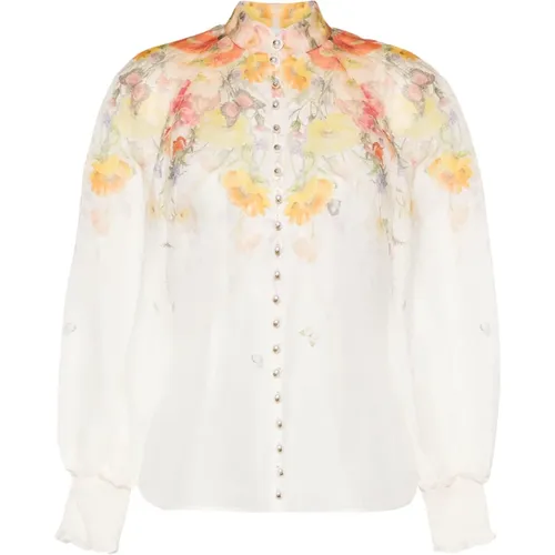 White Stand Collar Exaggerated Sleeves Shirt , female, Sizes: XS, S, M - Zimmermann - Modalova