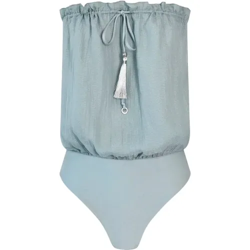 One-piece, female, , Size: L Silk Square Bandeau Swimsuit, Ice - Hanne Bloch - Modalova