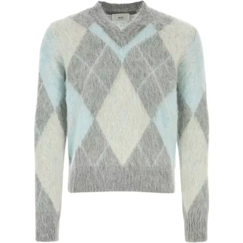 Brushed Mohair Argyle V-Neck Jumper , male, Sizes: L, M - Ami Paris - Modalova