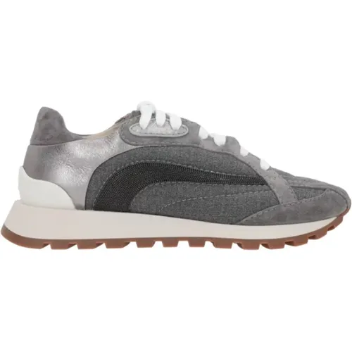 Grey Canvas and Suede Low-Top Sneakers , female, Sizes: 6 1/2 UK, 4 UK - BRUNELLO CUCINELLI - Modalova