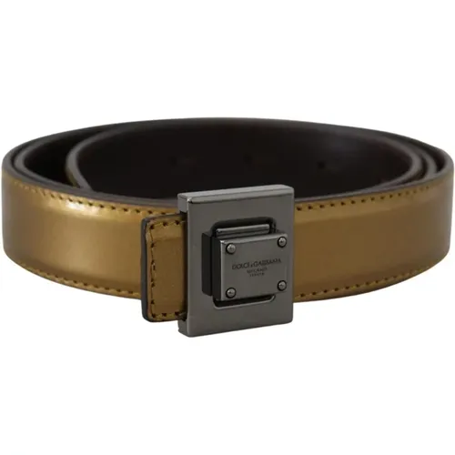 Belts, male, , Size: 90 CM Gold Square Metal Buckle Leather Belt - Dolce & Gabbana - Modalova