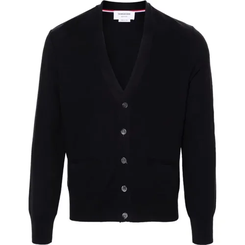 Cardigans, male, , Size: L Navy Silk V-Neck Sweater - Thom Browne - Modalova