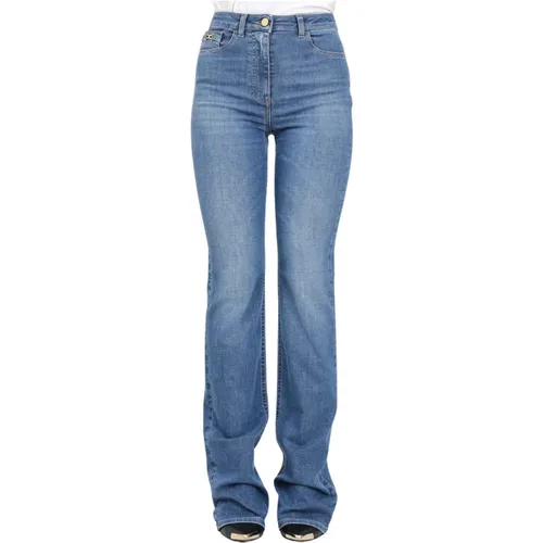 Ausgestellte Denim-Jeans mit goldenem Metall-Logo-Detail , Damen, Größe: W32 - Elisabetta Franchi - Modalova