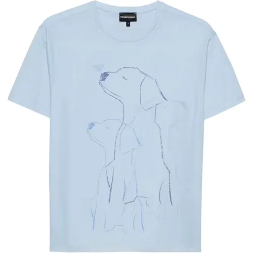 Klares Blaues Bedrucktes Baumwoll-T-Shirt , Damen, Größe: M - Emporio Armani - Modalova