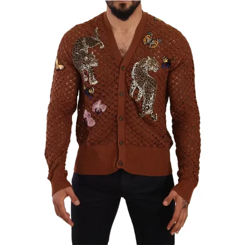 Cardigans, male, , Size: XL Leopard Butterfly Cardigan Sweater - Dolce & Gabbana - Modalova